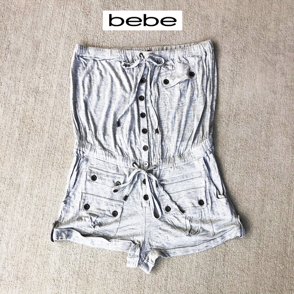 New! Bebe Strapless Cargo Romper Shorts Jumpsuit, Grey